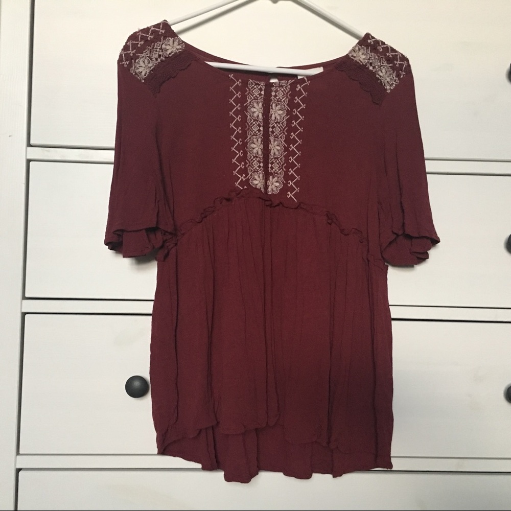 Everyday Maroon Embroidered Detail Top